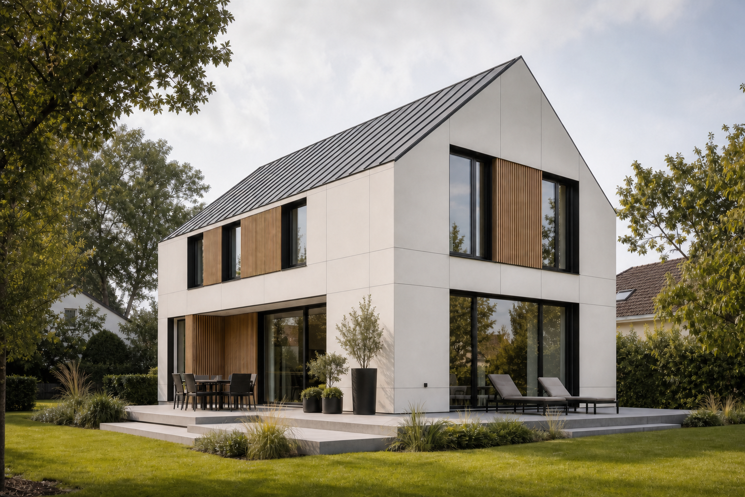 Modernes deutsches Einfamilienhaus mit Satteldach, verdeckter Dachrinne, heller Fassade und Holzlamellen